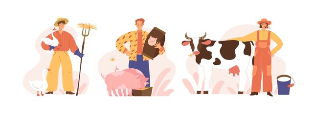 Set. A man in a hat with a pitchfork grazes geese. Farmer feeds pigs, woman with cow and bucket of milk. Isolated on white background. Vector illustration. Flat style. Farming, home pets, agriculture.
