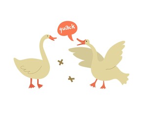 Scene with two geese. The goose flaps its wings and says a quack. Isolated on white background. Vector illustration. Flat style. Farming, home pets, agriculture. Speech bubble.