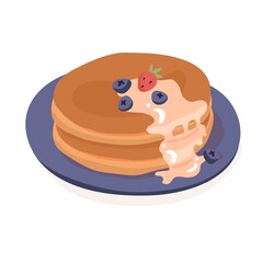 Pancakes with jam and berries on a plate Isolated on white background. Vector illustration. Food, delicious, .products, ingredients, cooking, recipe, cafe, restaurant. American tradition breakfast.