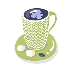 Green mug with tea on a saucer with sugar and coffee beans. Isolated on white background. Vector illustration. Food, Drinks, tasty, delicious. Tea time, coffee, home, dish, sweet, break, cup.