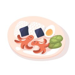 Asian breakfast with onigiri, egg, sausage octopus and cucumber on plate. Isolated on white background. Vector illustration. Clip art for Food blogging, Restaurant interior and menu design.