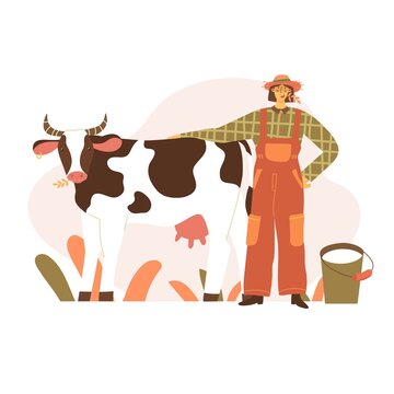 Girl farmer with cow and bucket of milk. Isolated on white background. Vector illustration in flat style. Home pets, local products, animals, agricultural worker, farmer market and harvest festival.