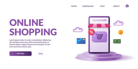 cylinder stage podium display 3d cute mobile smart phone with shop app ecommerce. Online shopping illustration concept with 3d icon.