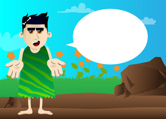 Cartoon prehistoric man showing something with both hands or expressing don't know gesture. Vector illustration of a man from the stone age.