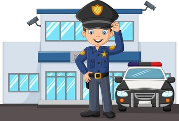Cartoon policeman standing in city police department building