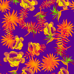 Gray Tropical Hibiscus. Coral Seamless Texture. Pink Pattern Hibiscus. Garden Painting. Wallpaper Palm. Drawing Painting. Floral Plant. Watercolor Botanical.