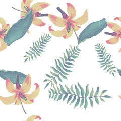 Organic Tropical Plant. Yellow Seamless Textile. Natural Pattern Plant. Green Floral Background. White Wallpaper Nature. Flora Illustration. Decoration Painting.