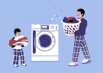 dad doing laundry with child. father fills washing machine with dirty cloths. man with launder basket doing household tasks. cleaning and chores. - obrazy, fototapety, plakaty