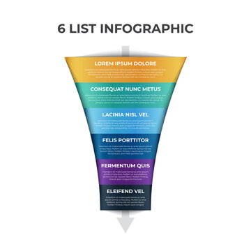 6 Points, Layers, Options, Step Of List Infographic Element With Funnel Chart Diagram