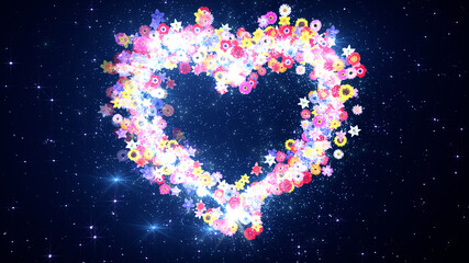 Heart Flower Mix Glitter Sparkling Particles Love Fireworks 3D illustration.