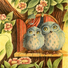 Fantasy couple of owl in the forest with tree, door, flowers and leaves. Hand drawn colored pencils illustration.