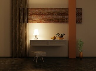 Night interior with a lamp on a white table. White wall with modern decoration. 3D rendering.