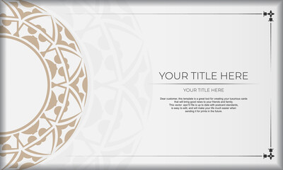 Template for postcard print design with Greek patterns. White banner with ornaments and place for your logo.