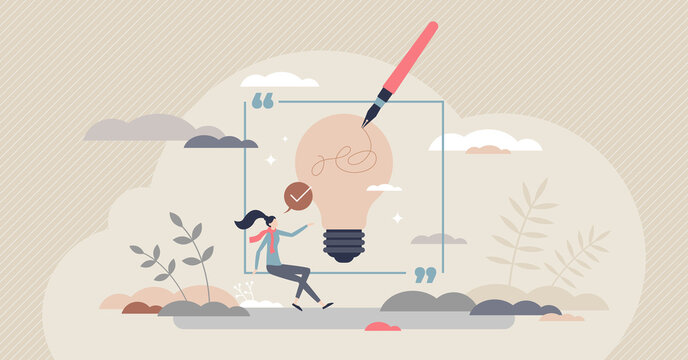 Writing inspiration and creative content imagination tiny person concept. Artist with muse to write innovative story or literature work vector illustration. Thoughtful novel or journalism creation.
