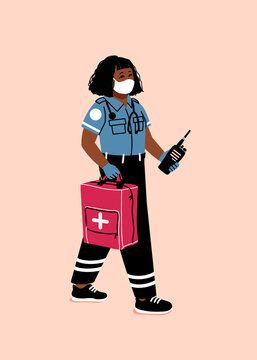 Paramedic EMT First Responder With First Aid Kit. 911 On Call Medical Professional. Female Compassionate Healthcare Worker Wearing Face Mask.