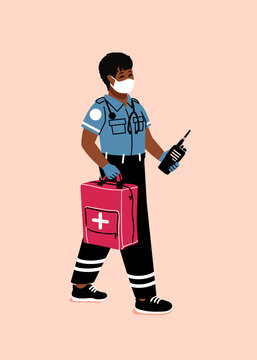 Paramedic EMT First Responder With First Aid Kit. 911 On Call Medical Professional. Non Binary Compassionate Healthcare Worker With Face Mask.