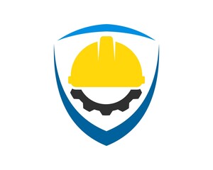 Abstract shield with safety helmet and gear inside