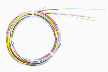 5G Fiber optic cable on white background. Oil in metallic and fiber optic cables