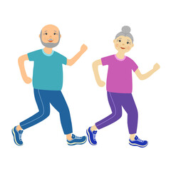 Fototapeta na wymiar Senior man and woman doing exercise together for a good health. Old couple running concept vector illustration on white background.
