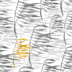 Gray leaves fluttering in the wind with trendy yellow. Samless pattern