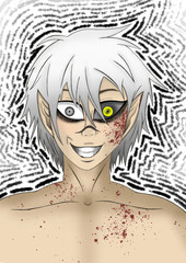 Psychopath Elf, done in manga-style, with one eye iris yellow and black. A painted stripe on his/her nose.  She/he is smiling. Blood on his face
