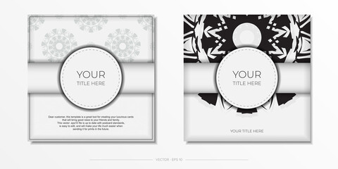 Invitation card design with space for your text and abstract patterns. Luxurious Vector Ready-to-Print White Color Postcard Design with Black Patterns.