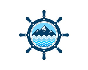 Ship steering wheel with mountain and abstract beach wave