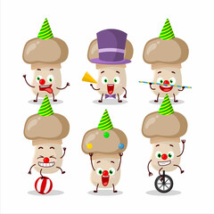 Cartoon character of button mushroom with various circus shows