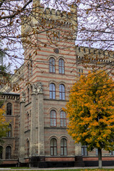 Autumn city landscape on a sunny day. An old building stands behind trees with green and orange leaves. Colorful autumn.