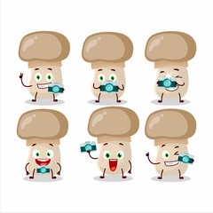 Photographer profession emoticon with button mushroom cartoon character