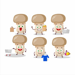 A Rich button mushroom mascot design style going shopping