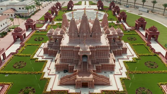 Aerial panning view of the BAPS Shri Swaminarayan Mandir temple in Chino Hills, California