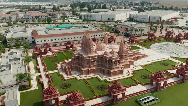 Aerial rear and side view of the BAPS Shri Swaminarayan Mandir temple in Chino Hills, California
