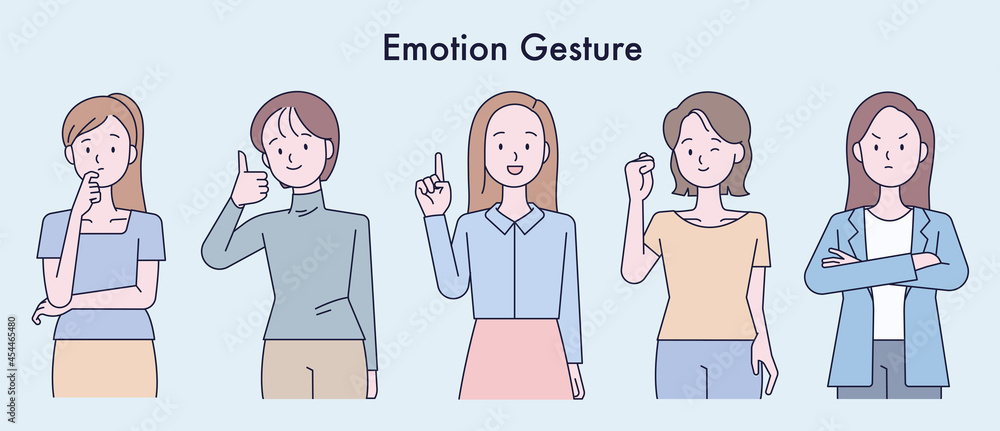 Poster a collection of female characters expressing various expressions with their hands. outline simple ve