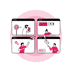 Vector illustration in simple flat style - teamwork and development concept - people holding abstract geometric shapes and puzzle pieces - organization and management