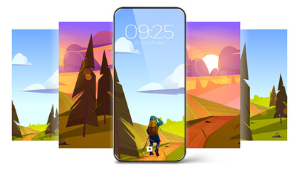 Screensaver wallpapers for smartphone with summer landscape with trees, fields and girl hiker. Vector illustration of mobile phone with set of cartoon backgrounds with sunset, woman and nature