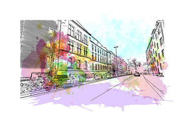 Building view with landmark of Gelsenkirchen is the city of Germany. Watercolor splash with hand drawn sketch illustration in vector.