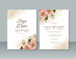 Minimalist wedding invitation template with floral watercolor painting