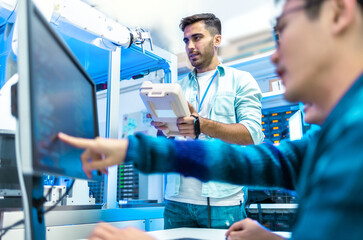 Meeting asian Engineers Maintenance Robot Arm at Lab. they are in a High Tech Research Laboratory...