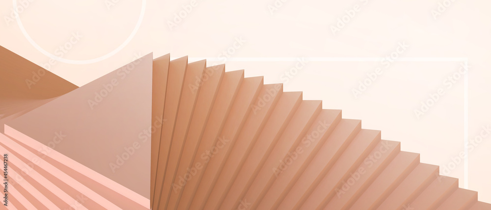 Poster Creative idea Geometric shapes Triangular podium and ladder of success and Target Concept on orange Background. banner ,art work, Copy Space-3d Rendering