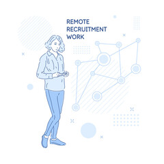 Remote recruitment work. A young girl looks ahead. A modern illustration in a realistic style.