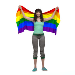 3D Render : A girl who is gay holding the pride rainbow flag with her hands support LGBT