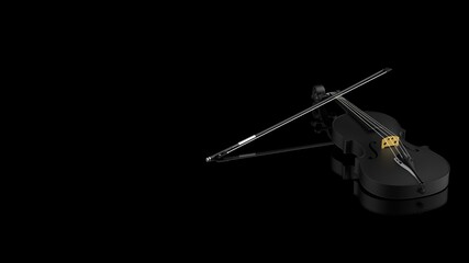 Black-Gold classic violin on black plate under spot lighting background. 3D sketch design and illustration. 3D high quality rendering.