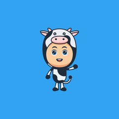 Cute boy wearing cow costume cartoon character