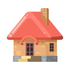 Small country house with orange walls and red roofs. Funny cartoon style. Country suburban village. Traditional simple architecture. Illustration for children is isolated on white background. vector.