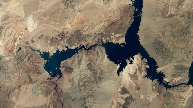 Lake Mead drying time lapse satellite view, water resource reservoir drought environment global warming concept. Contains images furnished by Nasa