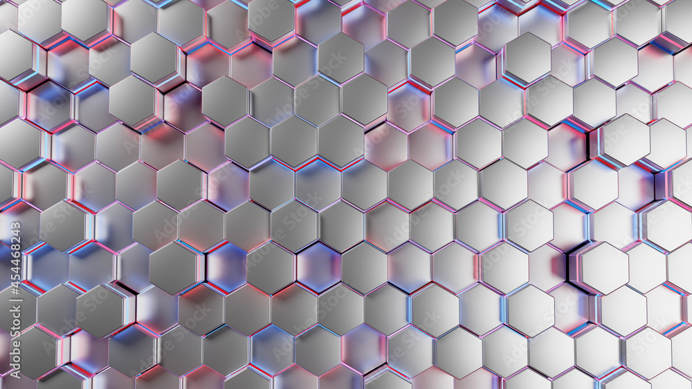 Poster 3d rendering abstract blue, pink glow of futuristic texture hexagon