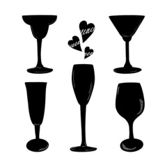 Set of hand drawn wine and cocktail glasses isolated on a white background. Doodle, simple illustration, the silhouettes of the elements. It can be used for decoration of textile, paper.