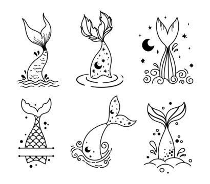 Little mermaid tail isolated clipart bundle, baby mermaid decor, sea underwater life black and white vector graphic, magic fish tail and monogram frame items