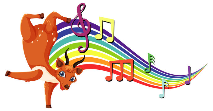Deer dancing with melody symbols on rainbow